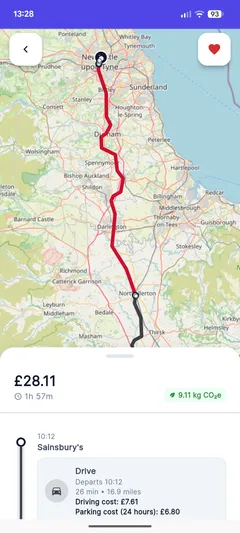 Full route shown on a map with cost and duration summary