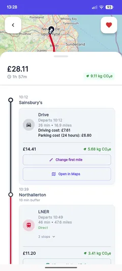 Detailed cost and time breakdown per journey leg
