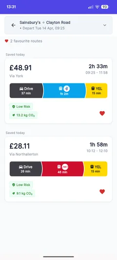Saved routes with risk alert indicators