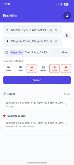 EndMile search interface showing origin and destination fields