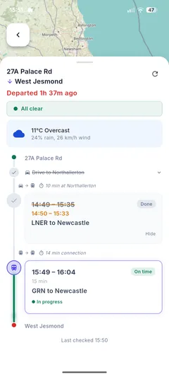 Live journey tracking screen showing completed legs, in-progress service, and weather