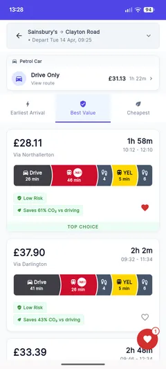 Journey results showing Recommended, Earliest Arrival, and Cheapest tabs